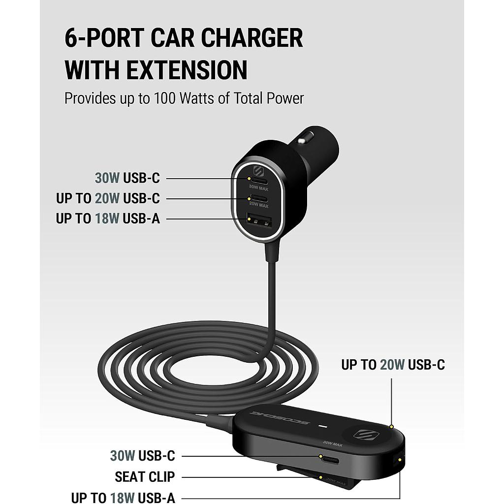 [CPD100EX-SP] Scosche 100W Multi Port Travel Car Charging Hub 6 Port - Front & Back Seat USB-C & USB-A Charger