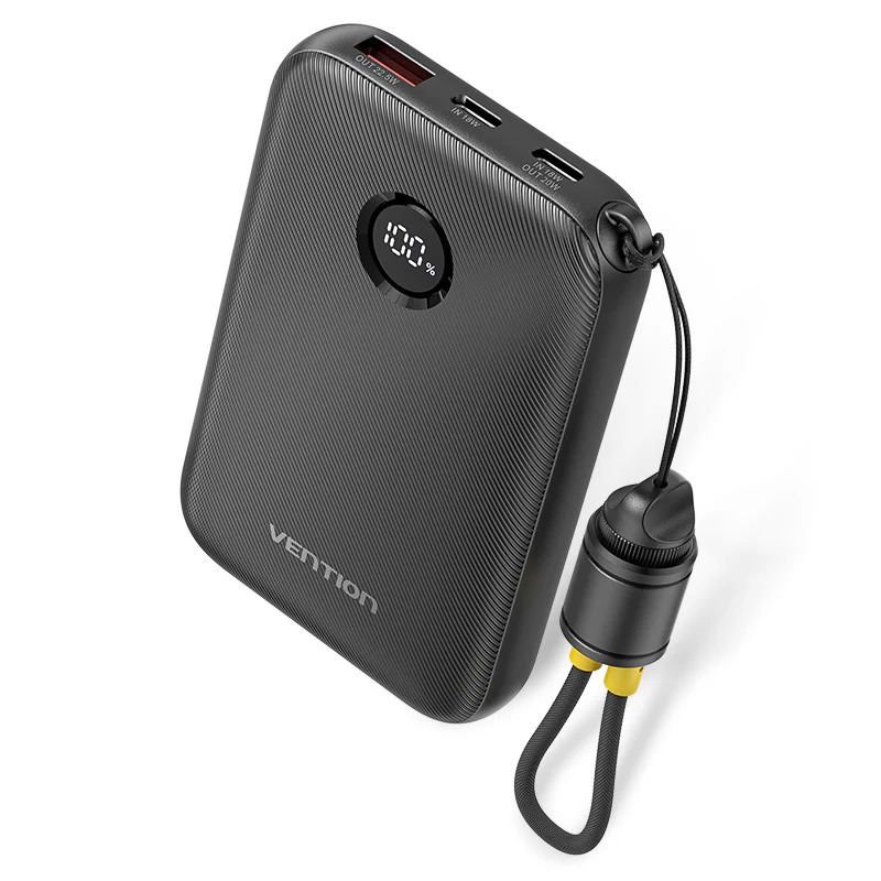 [FKAB0-C] Vention Power Bank 10000mAh (USB-C + USB-C/USB-C/USB-A) with Built-in USB-C to USB-C Cable 22.5W (black)