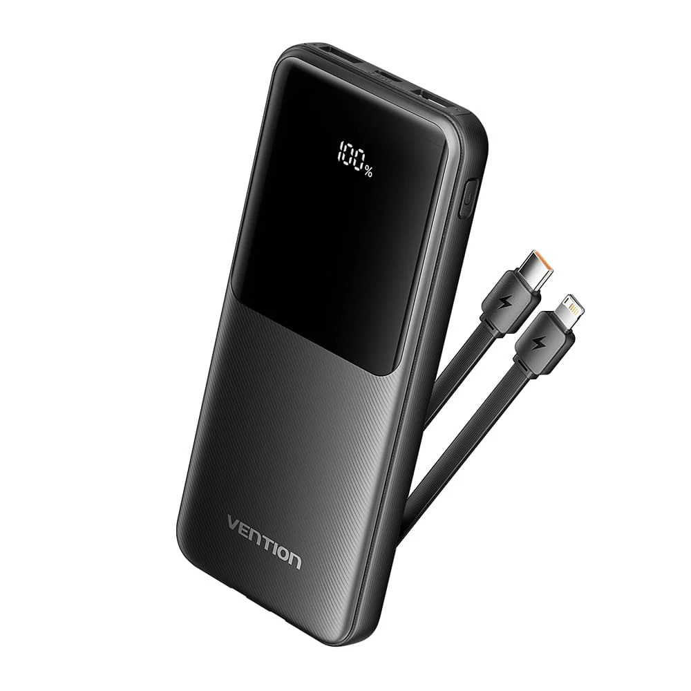[FHOB0] Vention Power Bank 10000mAh (Micro-USB + USB-C + USB-A + USB-A) with Built-in USB-C and Lightning Cables 22.5W (black)