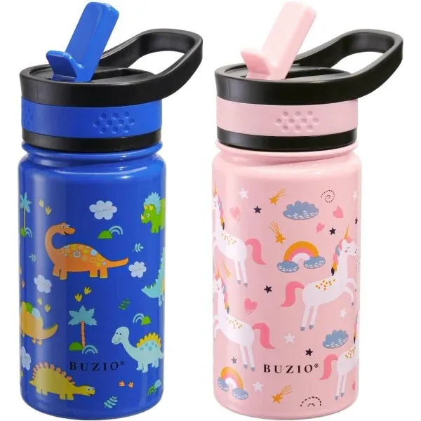 [X00494QB6L] Buzio Kids Bottle with Straw Lid | 2 Pack 500ML (Unicorn/Dinosaur)
