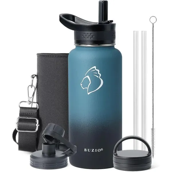 [X00494VD55] Buzio Trio Series Water Bottle with 3 Lids and Sleeve 1L (Caribbean Blue)