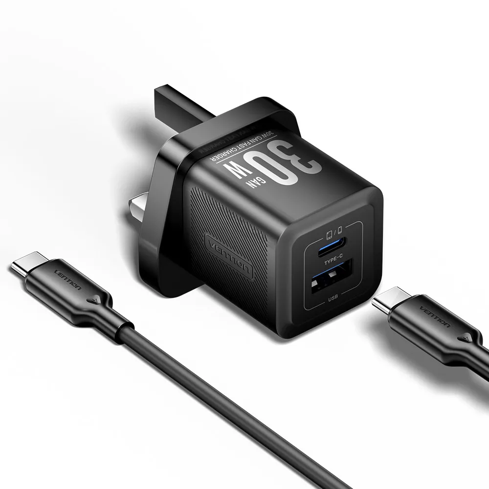 [TZ-FEQB0-UK-01] Vention 2-Port USB (C + A) GaN Charger (30W/30W) with USB-C to USB-C Cable (1M) UK-Plug (Black)