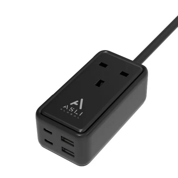 [PS65B] Asli Global 65W GaN Extension Cord with 4 USB Power Strip (Black)