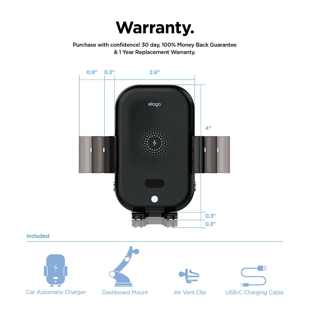 [EMOUNT-WLESS-FC-BK] Elago Wireless Car Fast Charger with Auto-Clamping Car Mount (Included: Car Automatic Charger, Dashboard Mount, Air Vent Clip, USB-C Charging Cable)